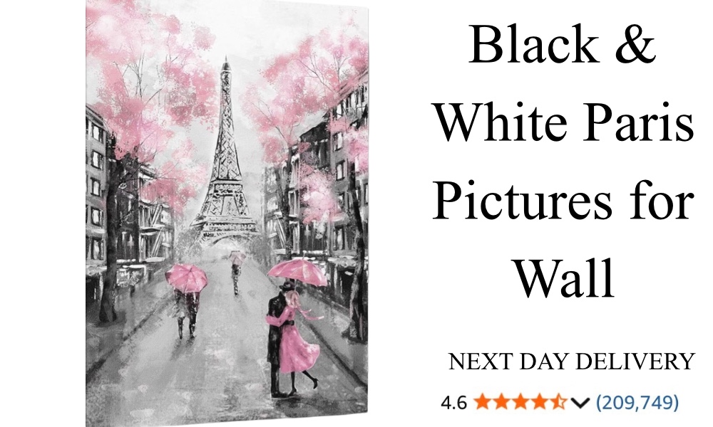 Paris wall art black and white with pink accents above bed aesthetic bedroom decor