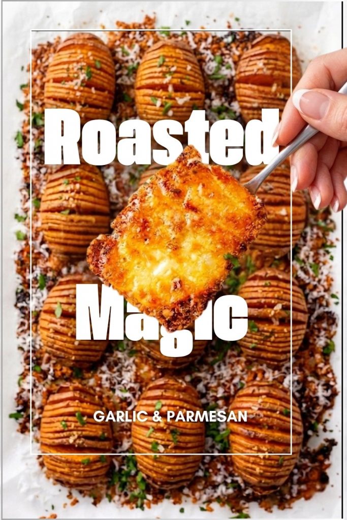 Crispy golden-brown Hasselback potatoes with a thick garlic parmesan crust, being served with a fork to show the crunchy texture. The tray is scattered with fresh herbs and grated parmesan, shot in a bright, high-quality aesthetic lifestyle photography style.