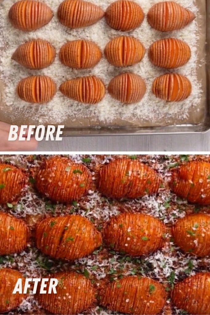 Golden brown Garlic Parmesan Hasselback Potatoes on a baking sheet, before and after roasting.