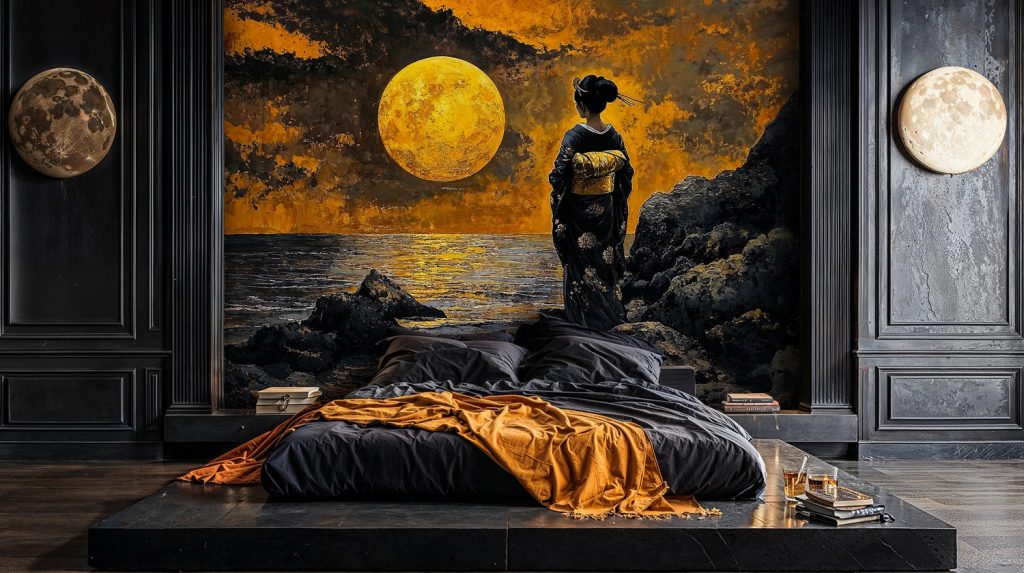 luxury dark bedroom with artistic wall mural, warm lighting and moody aesthetic decor