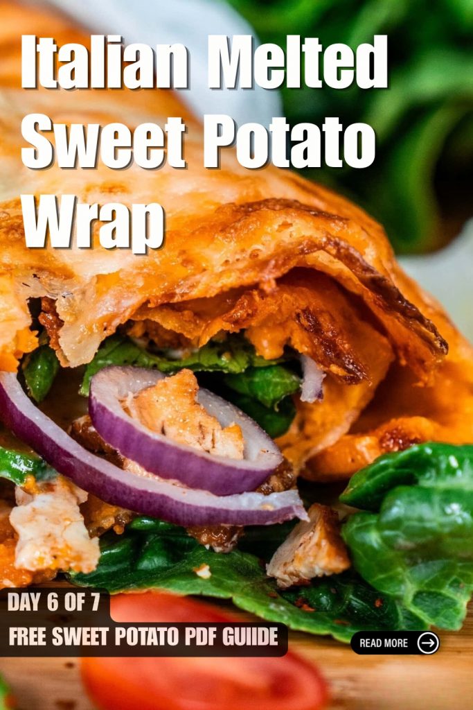 Toasted Italian melted sweet potato wrap with red onions, fresh spinach and melted cheese, part of a healthy meal prep series.
