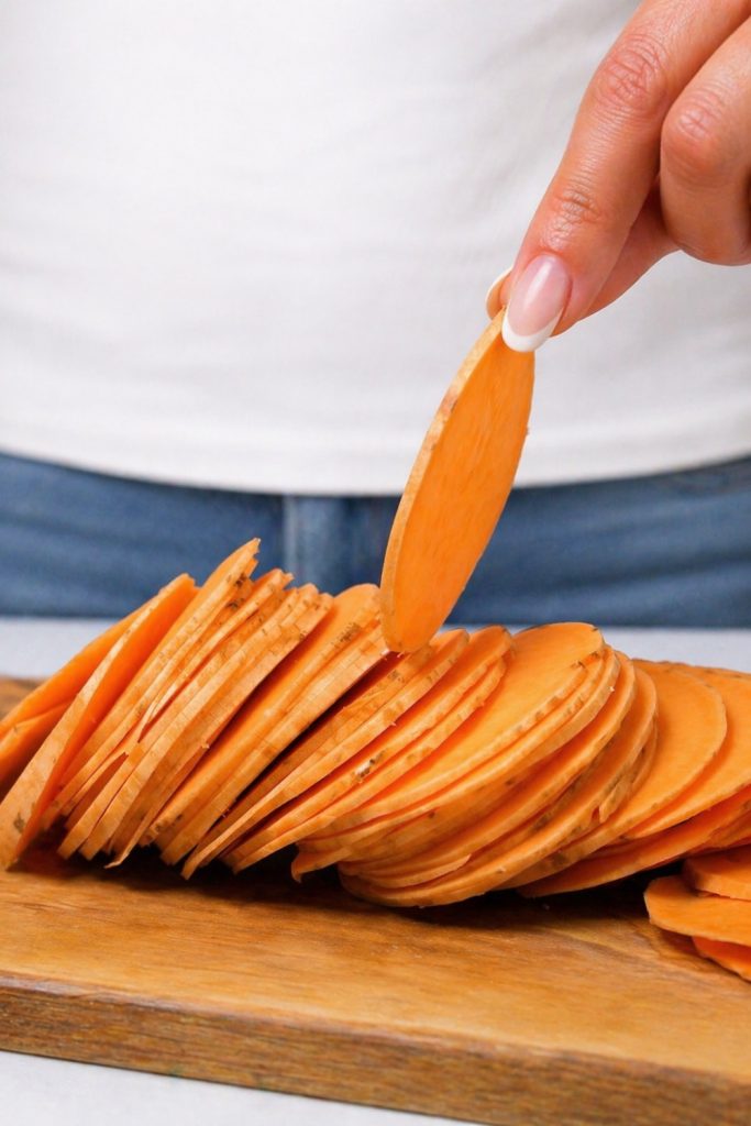 Hand slicing a sweet potato into very thin, uniform rounds on a wooden cutting board.