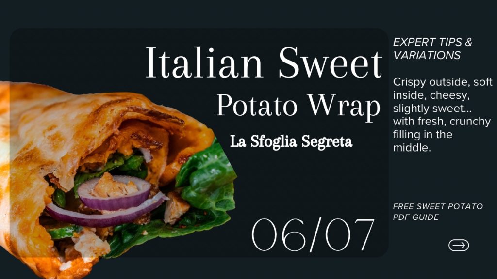 A gourmet Italian Sweet Potato Wrap with fresh greens and red onions, displayed as a premium healthy meal option.