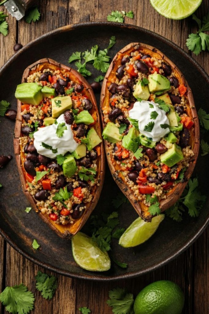 Two roasted sweet potato halves stuffed with Mexican quinoa, topped with creamy white sauce, fresh avocado cubes, and lime wedges on a dark plate.