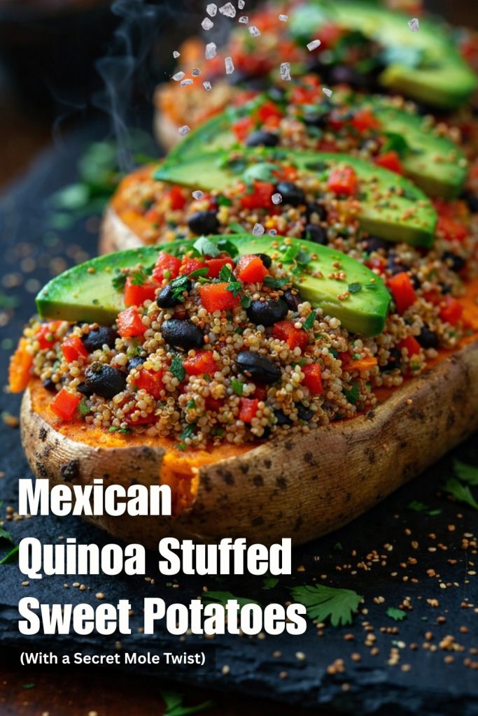 Roasted sweet potato boats stuffed with Mexican-style quinoa, topped with fresh avocado slices, black beans, red bell peppers, and cilantro on a dark rustic background.