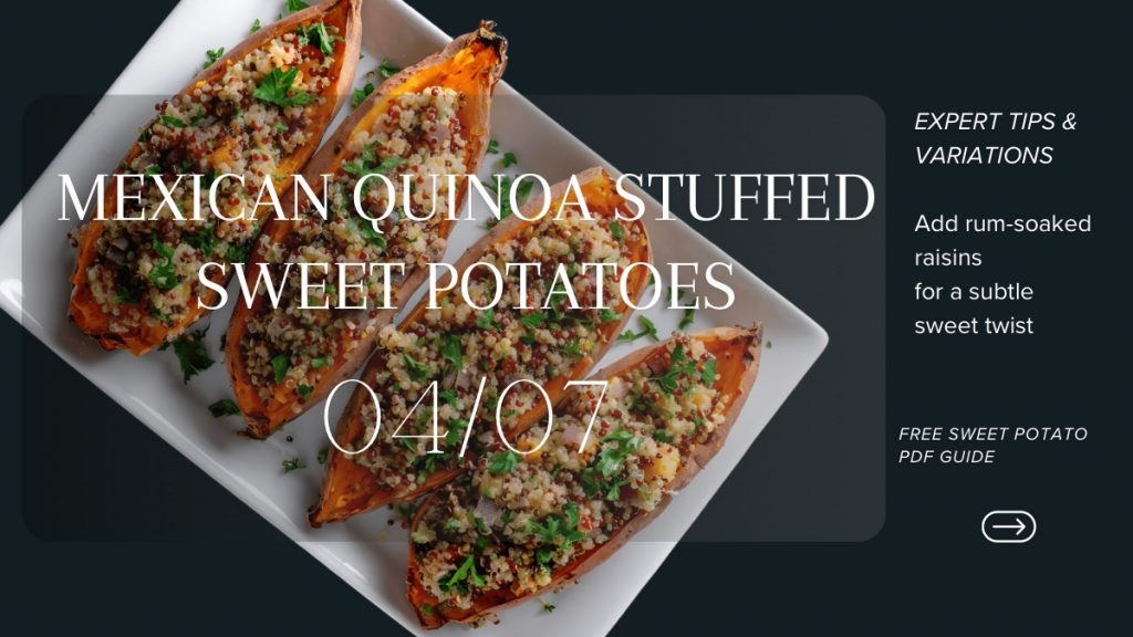 Mexican Quinoa Stuffed Sweet Potatoes with a Secret Mole Twist, presented on an elegant, minimalist banner.