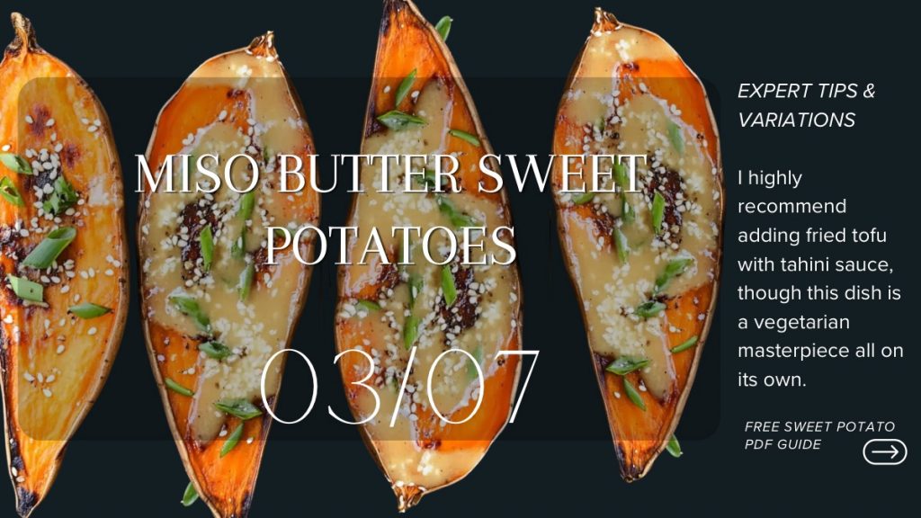 Healthy roasted miso butter sweet potatoes with Japanese seasoning and sesame seeds.