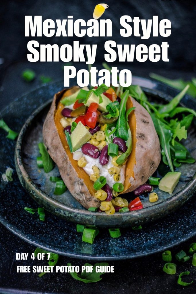 Mexican style smoky roasted sweet potato with black beans, corn, and fresh herbs