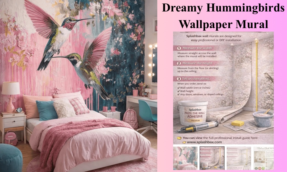 Dreamy hummingbirds wallpaper mural moodboard with bedroom decor ideas and a small pink mini-fridge for skincare.