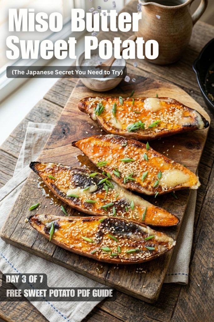 Miso butter roasted sweet potato halves with herbs on a wooden board=