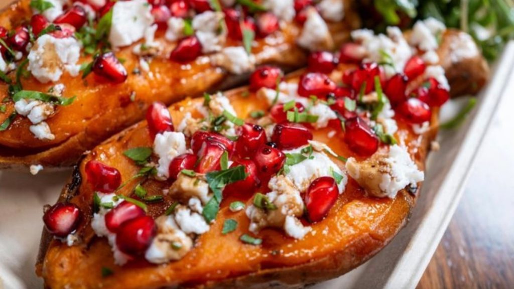 Greek style Cinnamon Roasted Sweet Potato with pomegranate