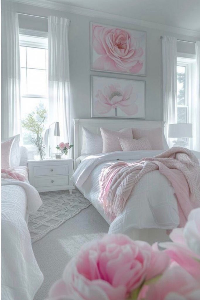 soft pink bedroom floral decor feminine bedroom pastel pink bedding cozy bright pink room aesthetic