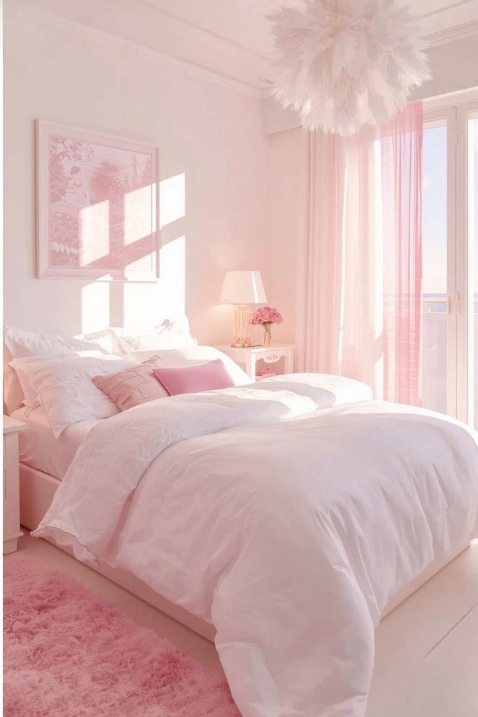 soft pink bedroom feather light chandelier cozy pink bed warm aesthetic feminine bedroom decor