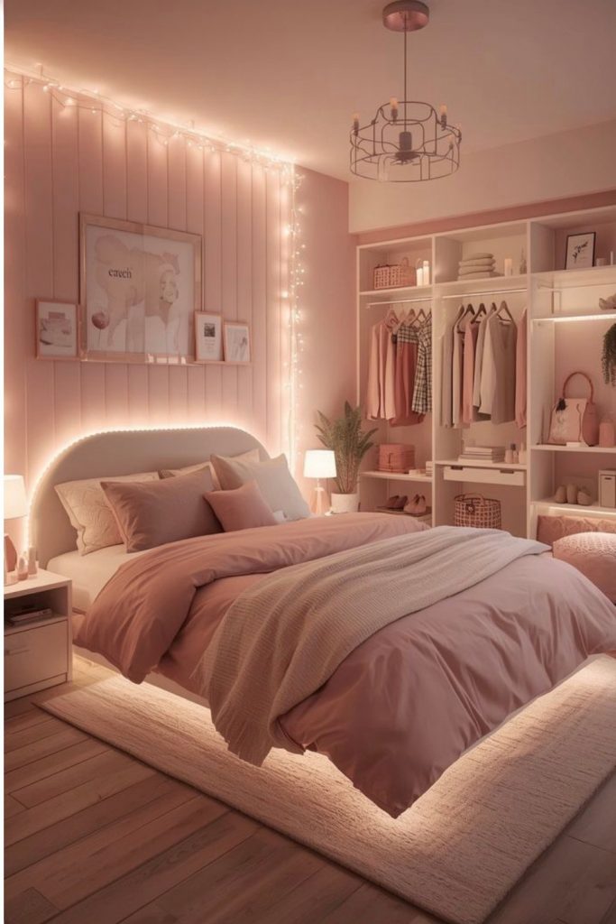 modern pink bedroom clean girl aesthetic led lights cozy pink bedroom setup aesthetic wardrobe open closet