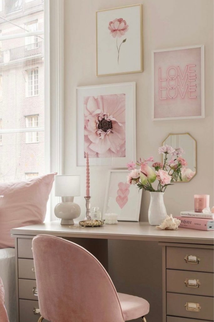 soft luxury pink bedroom minimal decor elegant feminine workspace vanity pink aesthetic