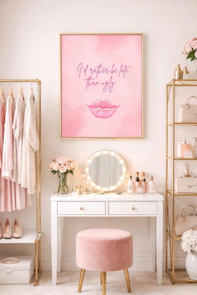 chic pink room gold accents vanity setup wall art feminine bedroom aesthetic glam decor