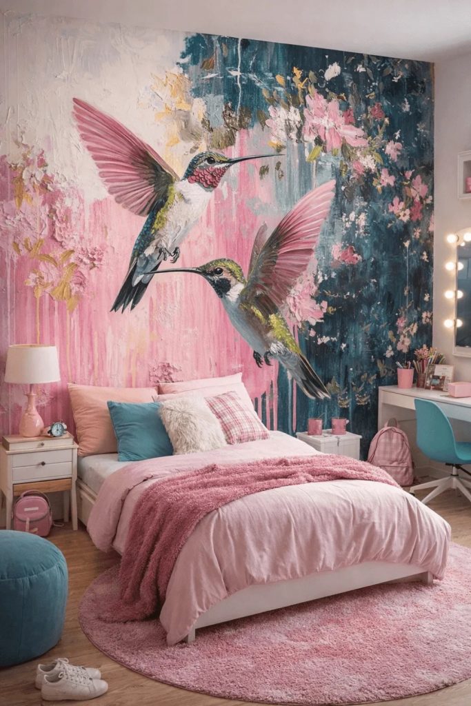 Aesthetic bedroom interior with giant floral and hummingbird wall mural, pink bedding, and magical atmosphere.