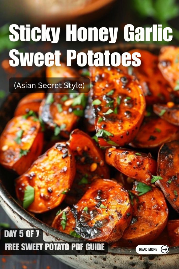 Close-up of roasted sweet potato wedges glazed with a sticky honey garlic sauce, topped with fresh chopped herbs and sesame seeds, served in a dark bowl.