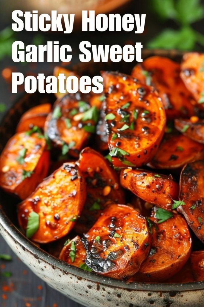 Crispy roasted sweet potato wedges glazed with sticky honey and garlic, garnished with fresh parsley.