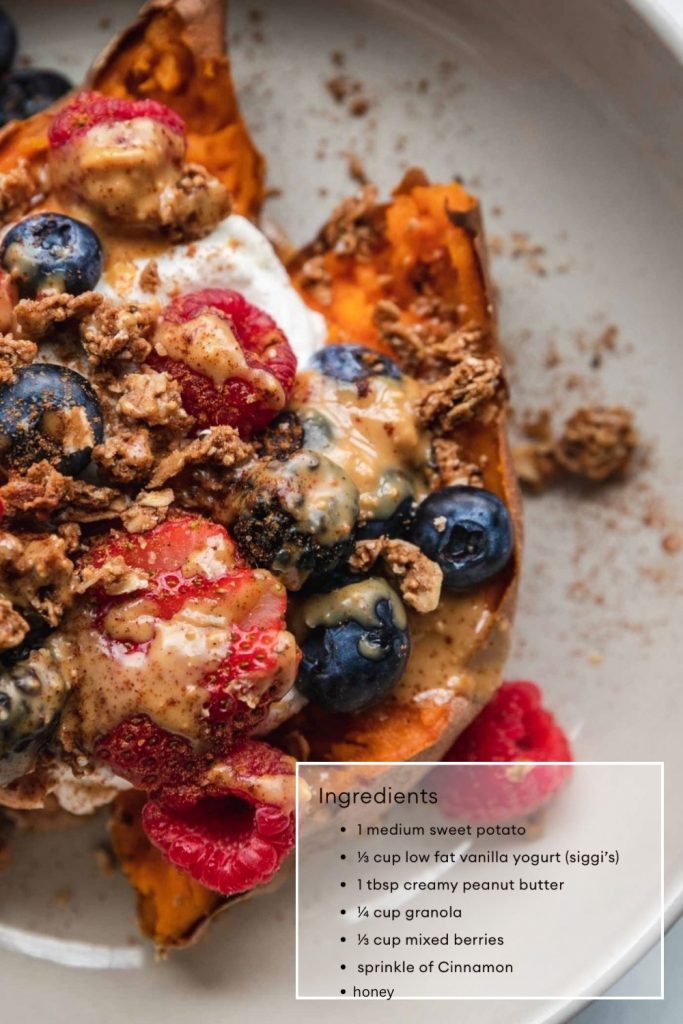 Sweet breakfast potato variation topped with creamy vanilla yoghurt, fresh berries, granola and a sprinkle of cinnamon.
