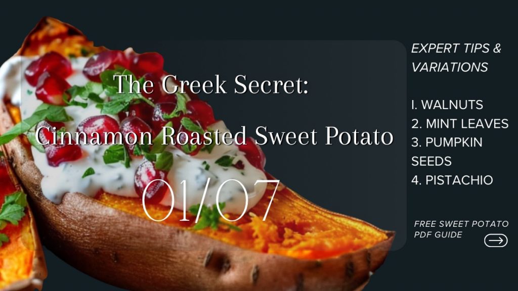 Healthy Greek cinnamon roasted sweet potato topped with yogurt, walnuts, and fresh mint leaves.