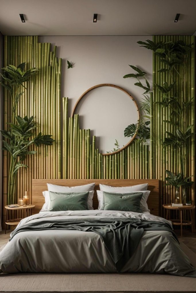 modern green bedroom with plants, natural textures and soft lighting aesthetic