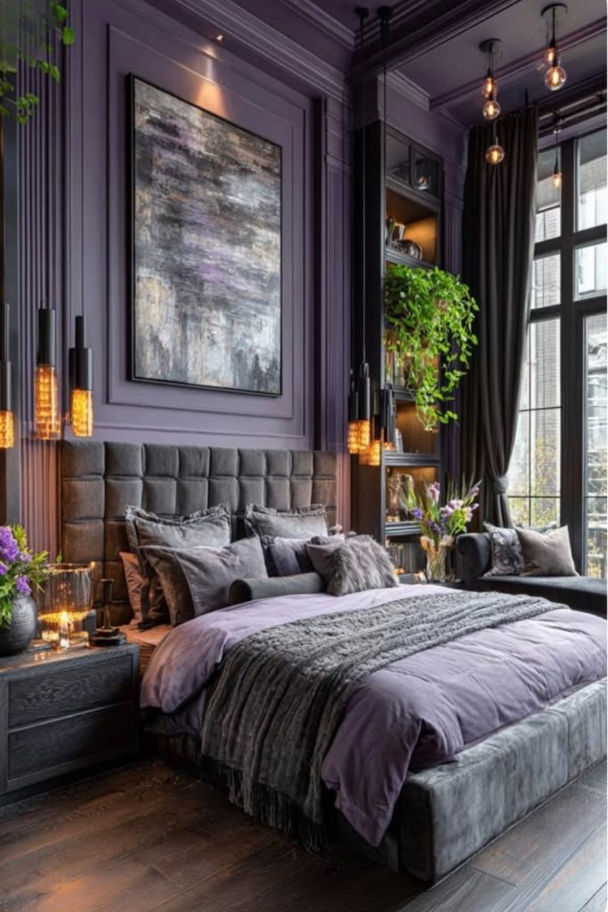 dark luxury master bedroom with warm lighting, modern design and cozy elegant decor