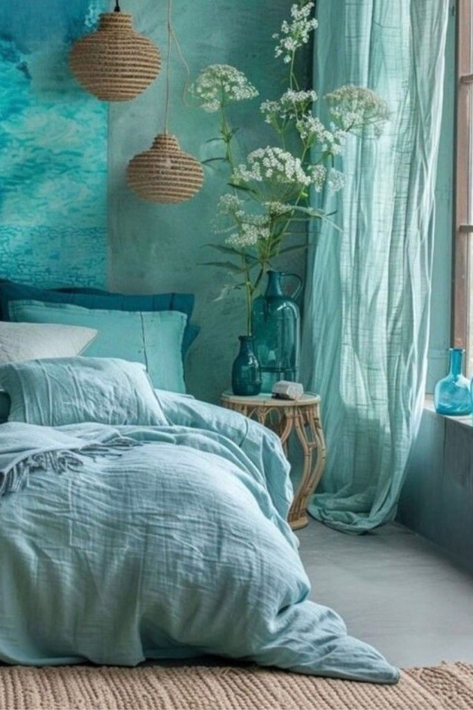 soft pastel bedroom with light fabrics, cozy bedding and dreamy feminine aesthetic