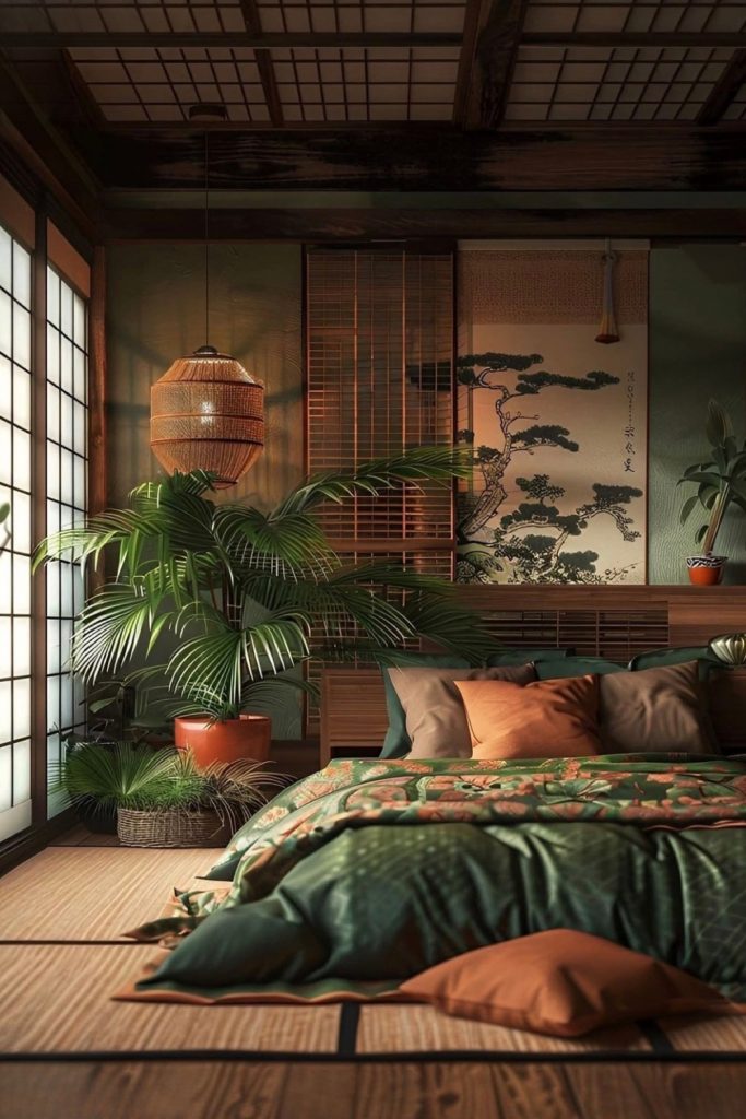 cozy dark bedroom with plants, warm lighting and earthy natural decor aesthetic