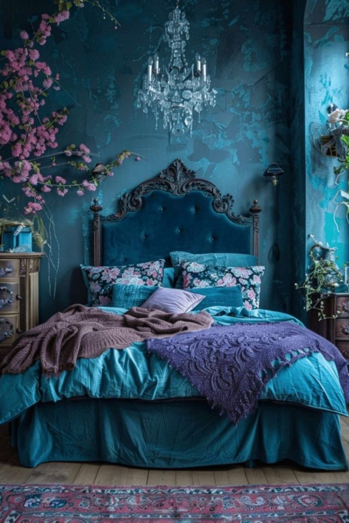 dark dreamy bedroom with moody lighting, rich colors and mystical cozy aesthetic