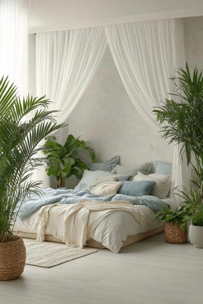 Soft neutral bedroom with light fabrics, sheer canopy curtains and indoor plants creating a calm and romantic atmosphere