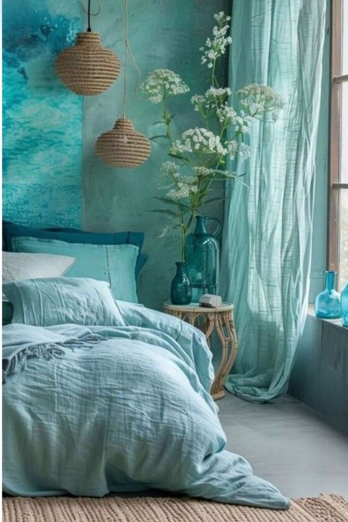 Cozy blue bedroom with soft bedding, woven pendant lights, natural textures, and light curtains creating a calm and relaxing atmosphere