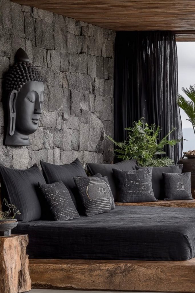 Zen-inspired bedroom with dark tones, stone wall, Buddha wall art and natural elements creating a calm and balanced atmosphere