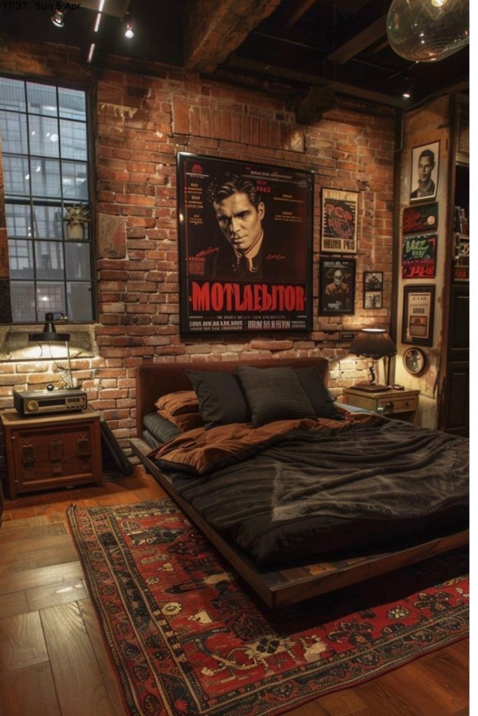 dark vintage master bedroom with warm lighting, cozy textures and luxury classic interior design