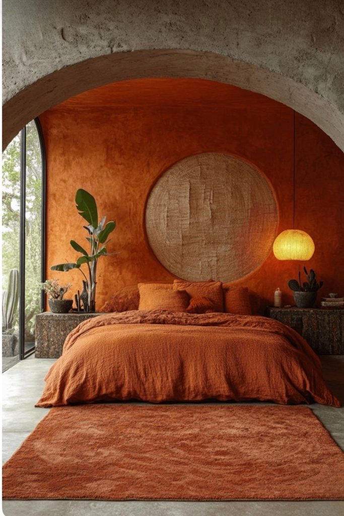 warm terracotta bedroom with earthy tones, soft lighting, natural textures, cozy luxury interior