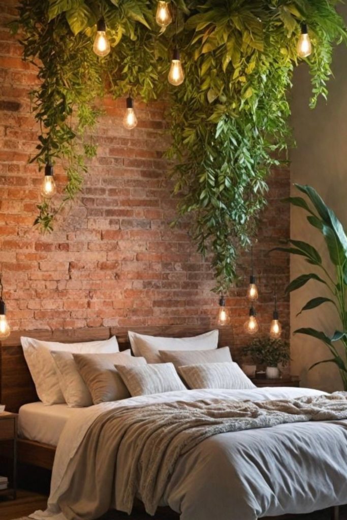 cozy bedroom with plants, warm lighting and natural earthy decor aesthetic