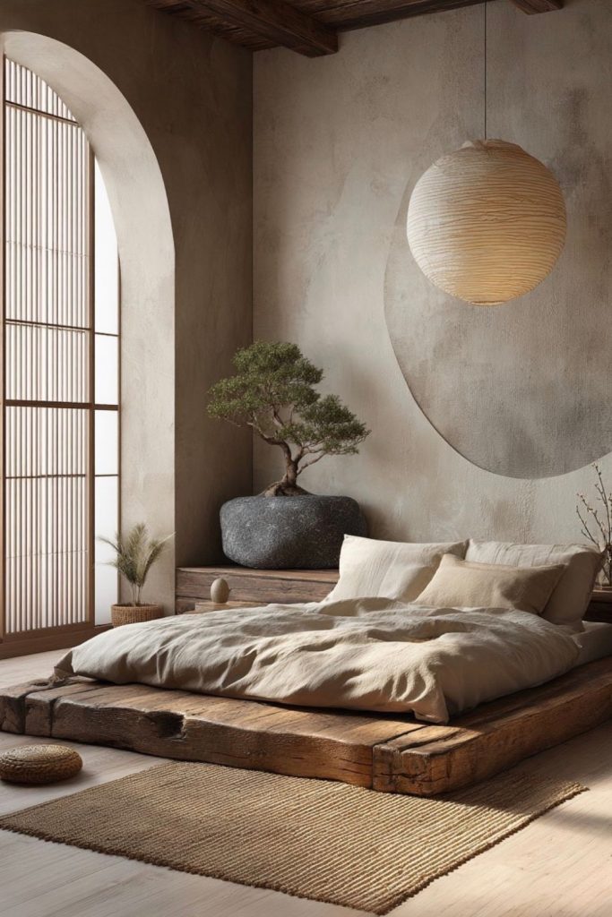 Warm minimalist bedroom with wood accents, soft lighting and Japanese-inspired design creating a calm and grounded atmosphere
