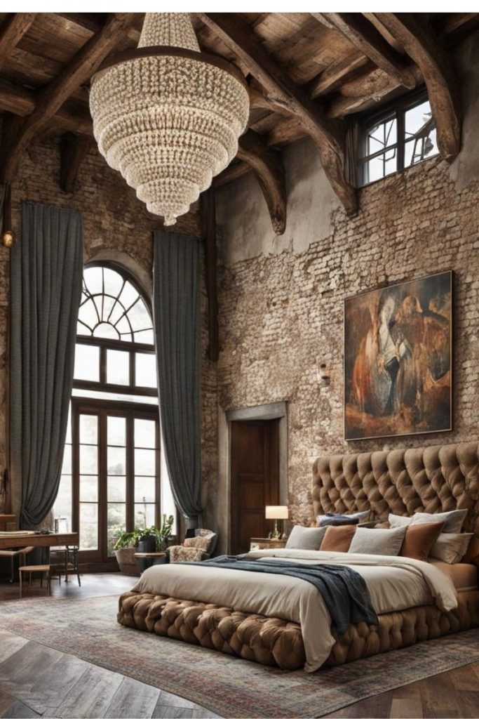 boho luxury bedroom with textured walls, large windows and warm cozy decor
