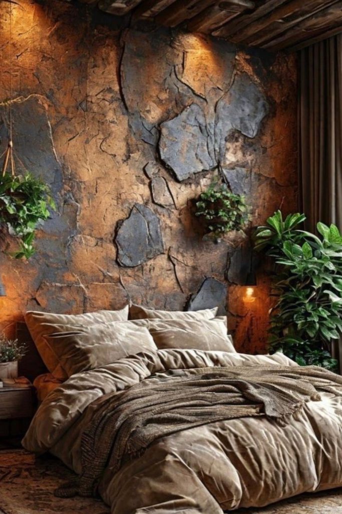 cozy earthy bedroom with stone wall, warm lighting, natural textures and luxury bedding