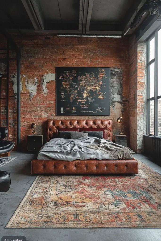 industrial bedroom with exposed brick wall, brown leather bed, vintage rug, loft style interior