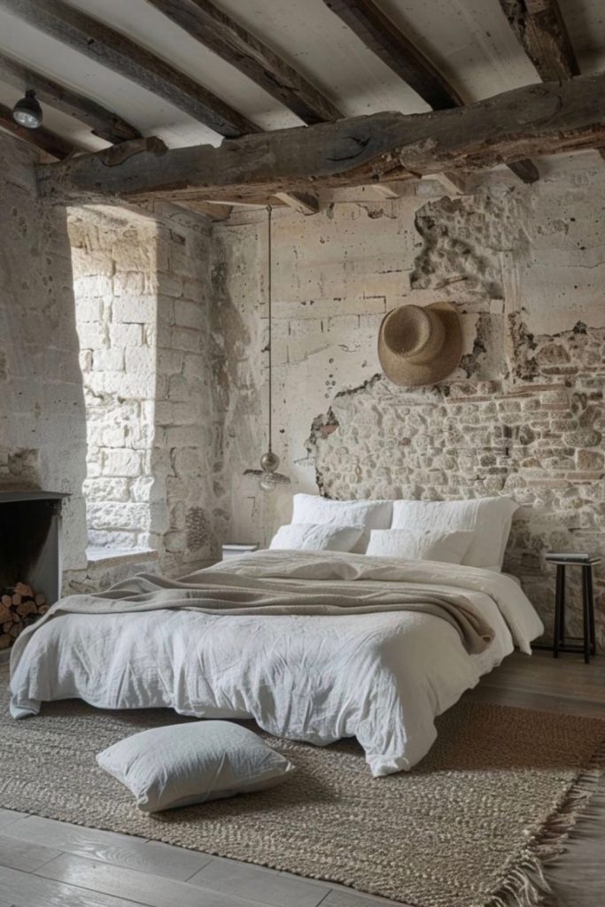 cozy rustic bedroom with exposed stone wall, wooden beams and soft natural textures