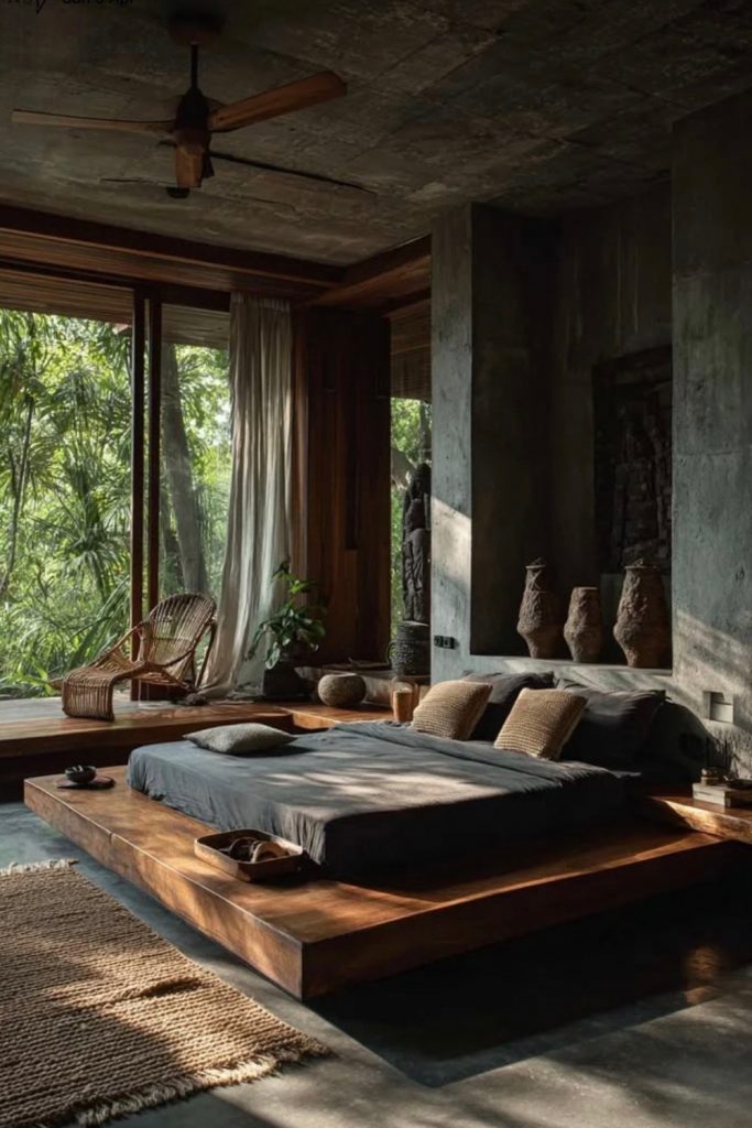 This serene bedroom embraces a minimalist, nature-inspired design with warm wooden elements and soft natural light. The clean lines and calming atmosphere create a peaceful retreat perfect for relaxation and balance.