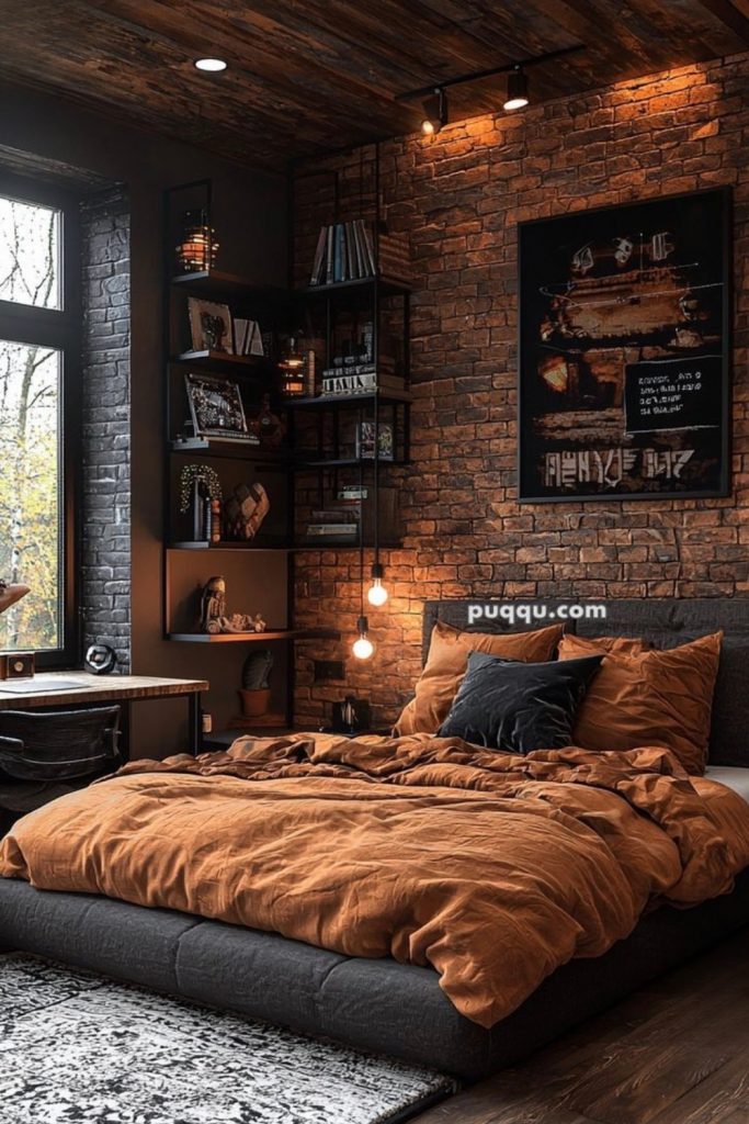 Warm industrial bedroom with exposed brick wall, burnt orange bedding and soft ambient lighting creating a cozy modern atmosphere