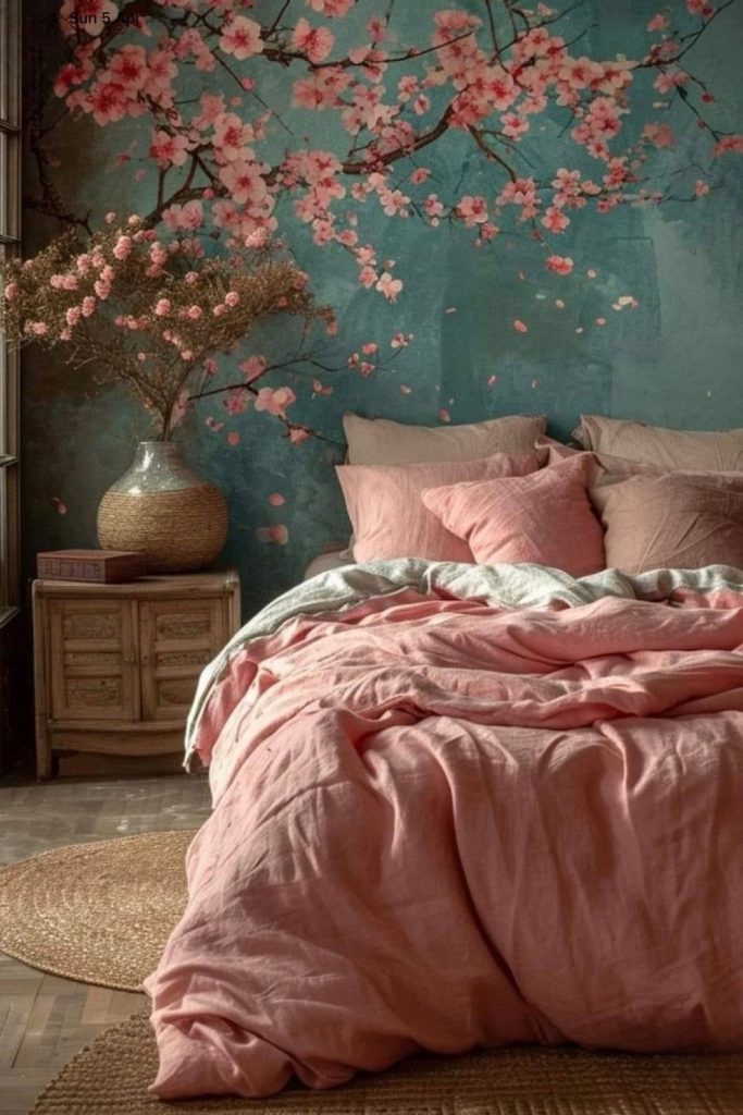 romantic bedroom with floral wall decor, soft pink tones and cozy feminine bedding