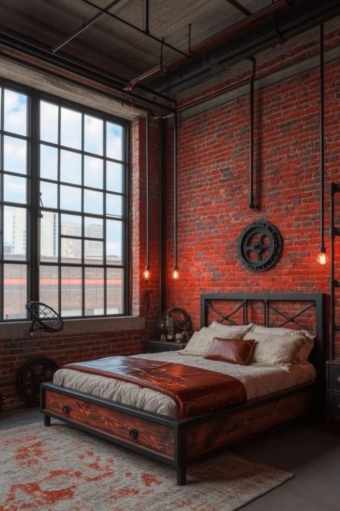 moody industrial bedroom with brick wall, warm lighting and cozy modern decor