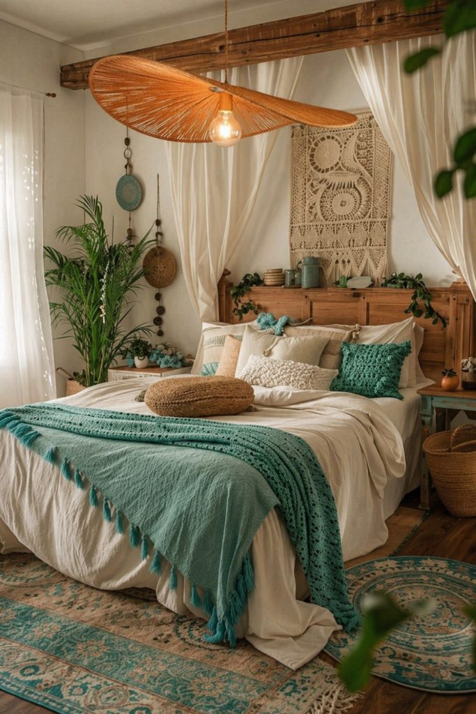 Bohemian bedroom with oversized woven pendant light, layered textiles, and cozy earthy decor