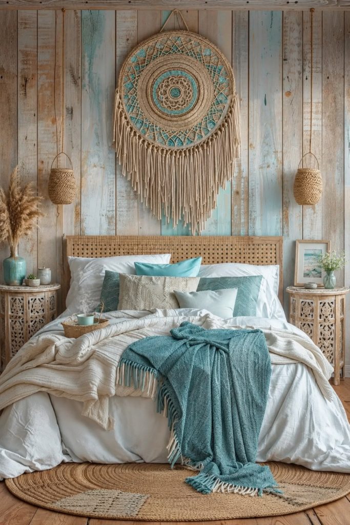 Round wooden bedside table in a cozy bohemian bedroom with layered neutral textures and woven wall decor