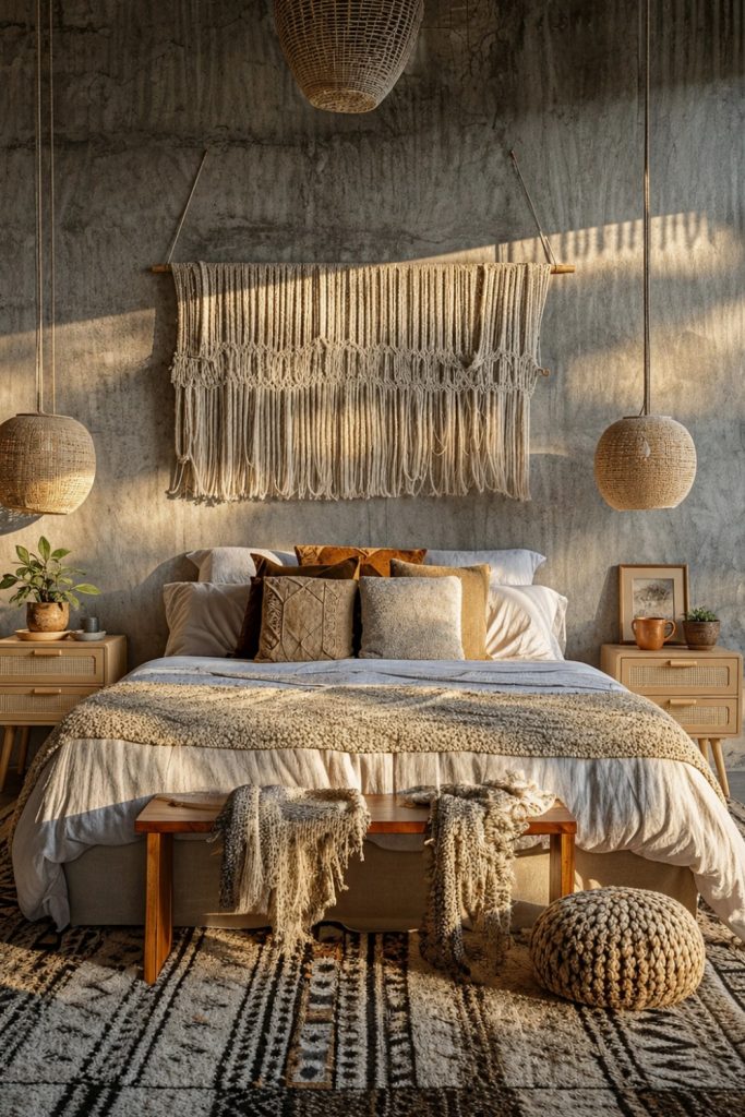 Bohemian bedroom with a rustic two-drawer wooden nightstand, warm lighting, layered neutral textures, and cozy earthy decor