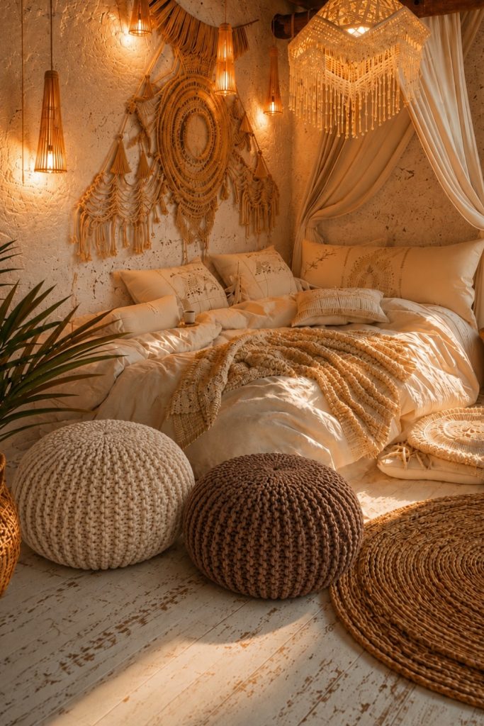 Cozy bohemian bedroom with chunky knitted floor poufs, warm ambient lighting, layered neutral textures, and earthy decor