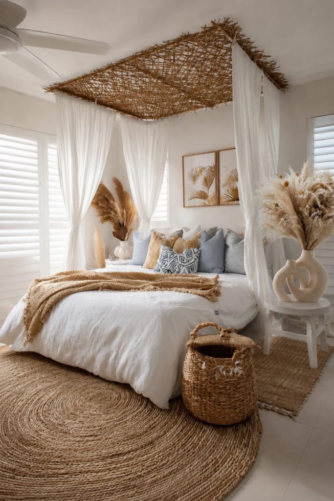Bohemian bedroom with a rustic vase filled with dried pampas grass on a wooden side table and warm neutral decor